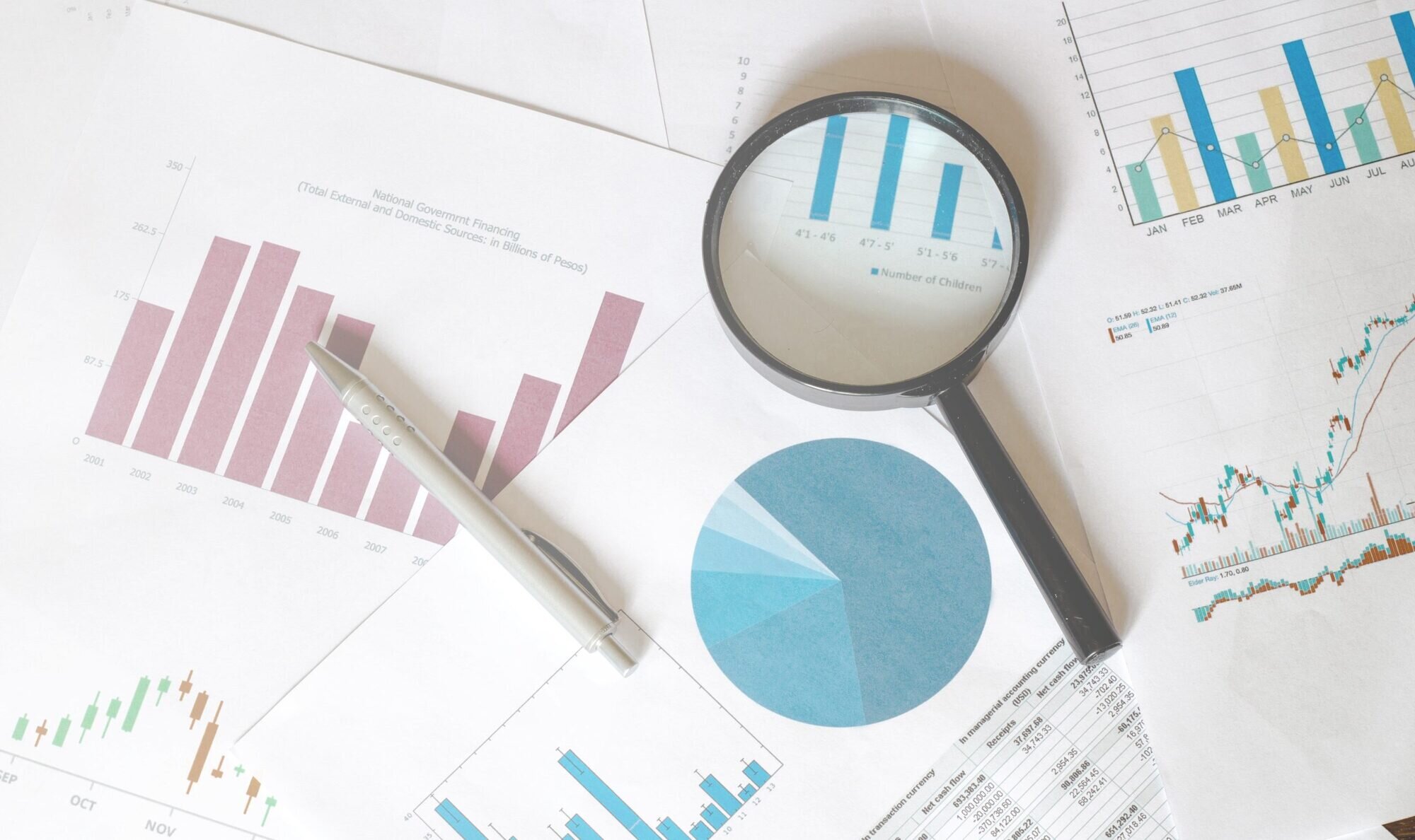 A magnifying glass with graphs on paper surrounding it